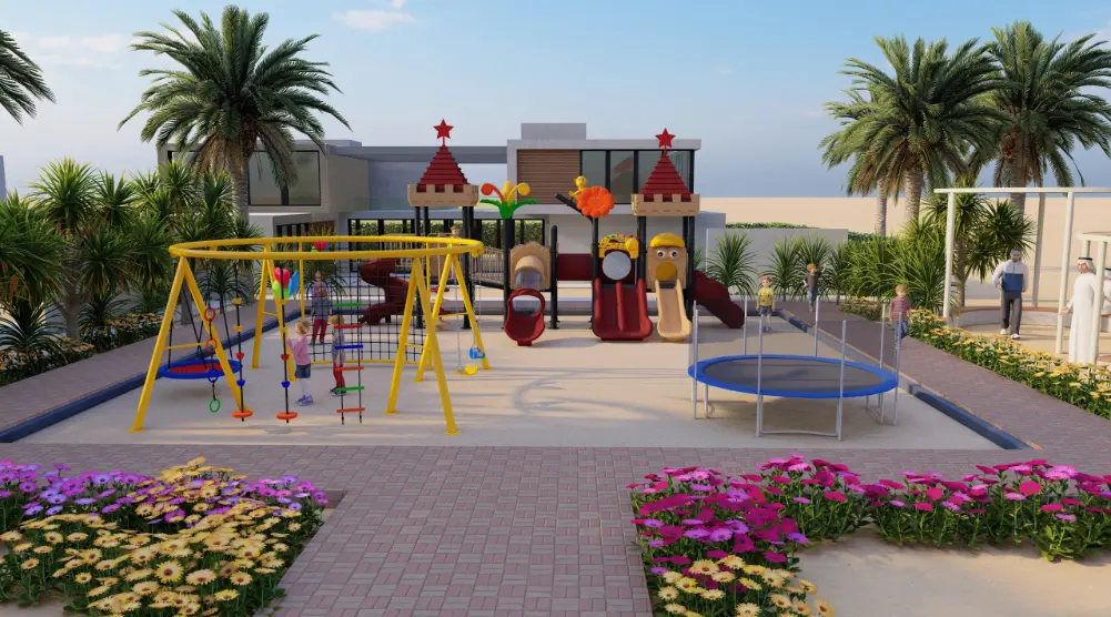 3D playground design 11 × 11 m with multi-play structure, climbing frame and trampoline.