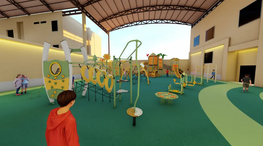 3D playground design with climbing frame, rope activities, balance play and multi-play equipment.