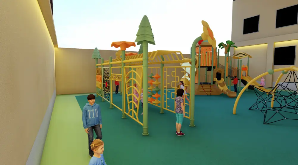 3D playground design with climbing frame, activity panels, rope elements and multi-play slides.