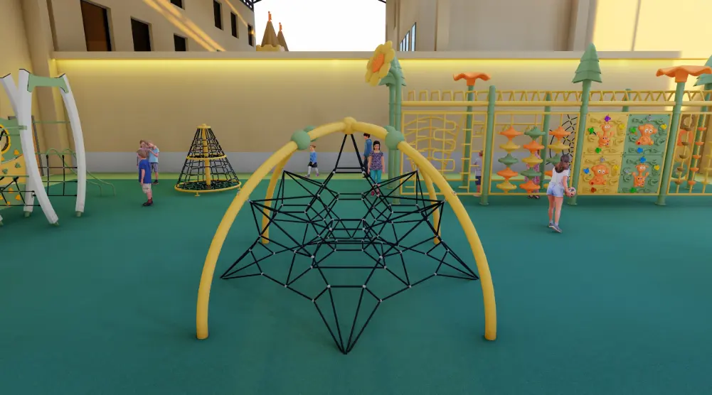 3D playground design with rope climbing net, activity panels and climbing equipment.