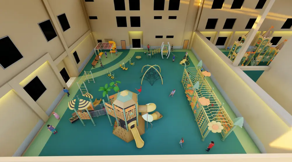 Aerial 3D playground design 21.21 × 23.22 m with multi-play structure, climbing equipment and activity zones.