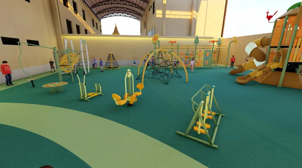 3D playground design with climbing structures, rope activities, fitness equipment and multi-play slides.