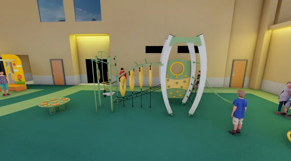 3D playground design with rope bridge, climbing wall and interactive play equipment.