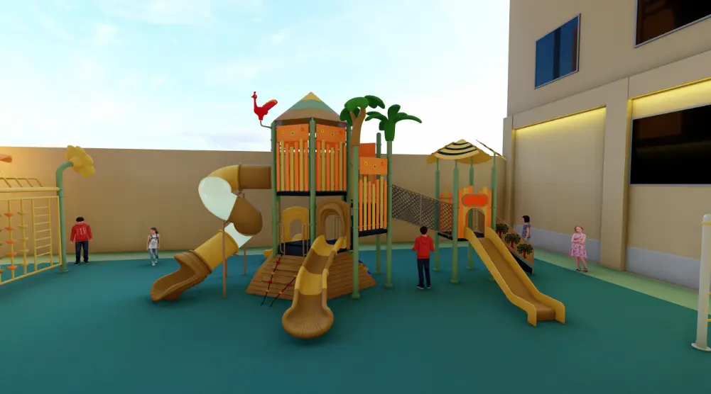 3D playground design with multi-play towers, tube slide, climbing and open slides.