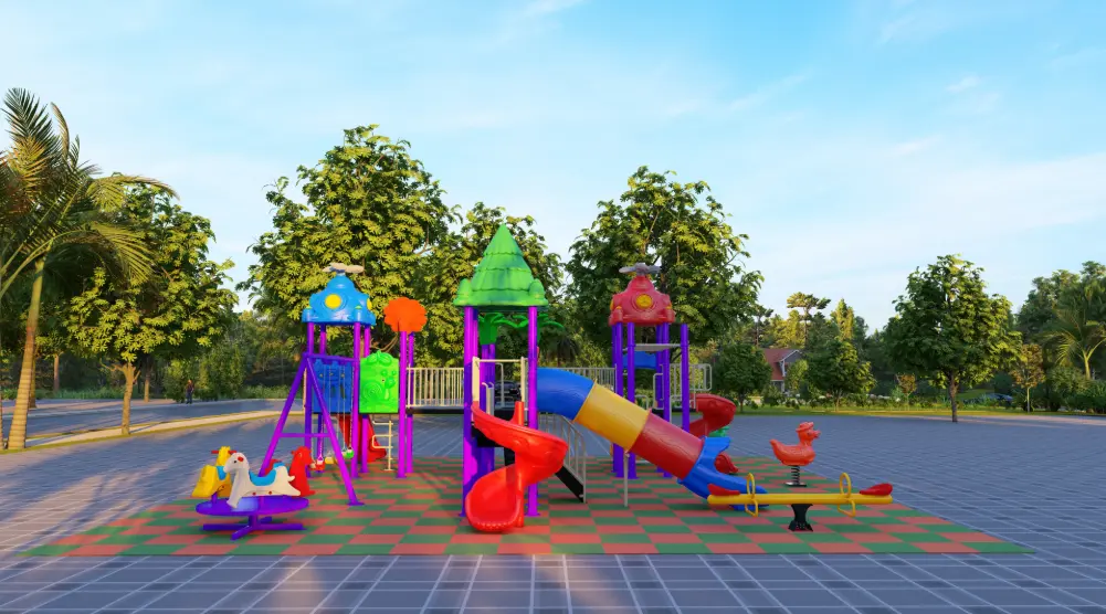 Opposite side view of a colorful playground with straight slides, double slide, climbing ladder and spring riders.