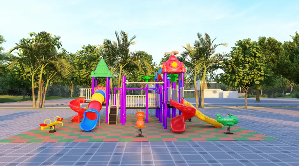 Rear angled view of a public playground with connected platforms, spiral slide, rotating activity and seesaw.