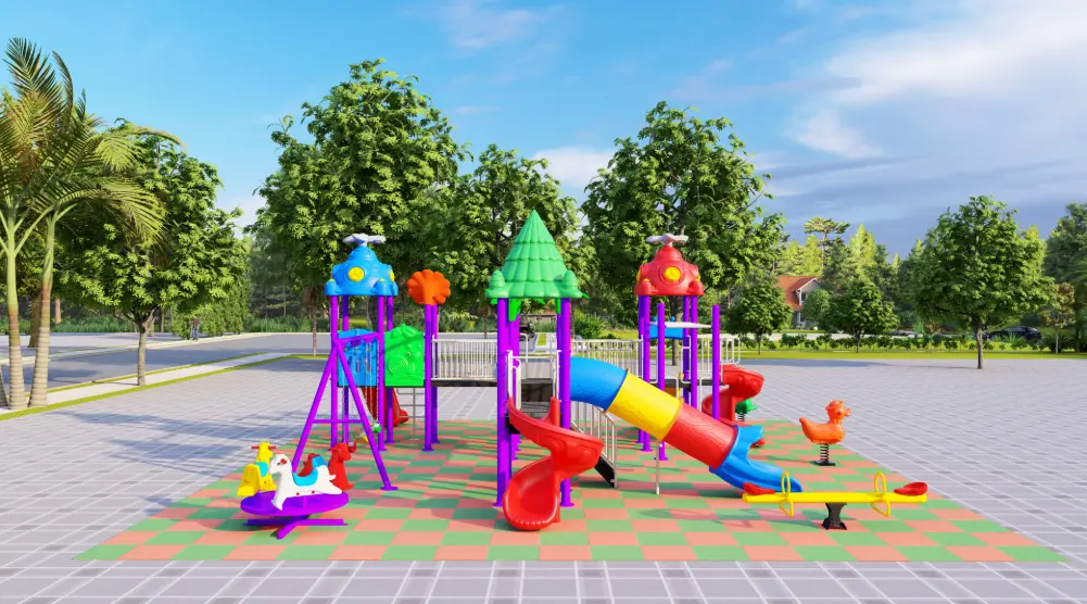 Angled view of a 10 × 10 m park playground with three towers, multiple slides, seesaw and spring riders.