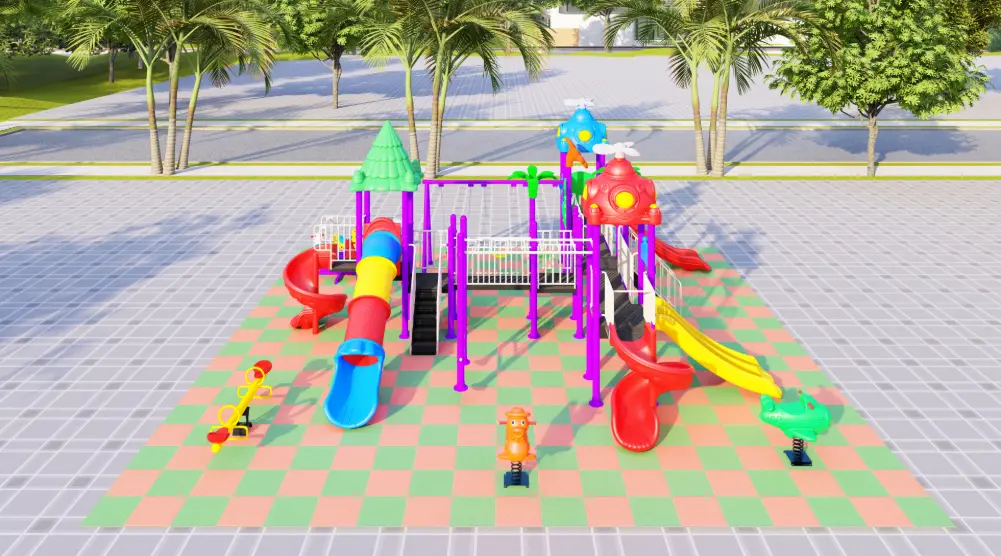 Opposite view of a public playground with connected towers, tube slide, spiral slide, seesaw and rotating play equipment.