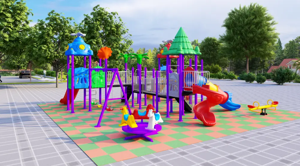 Side view of a public park playground with tube slide, spiral slide, rotating equipment, seesaw and spring rider.