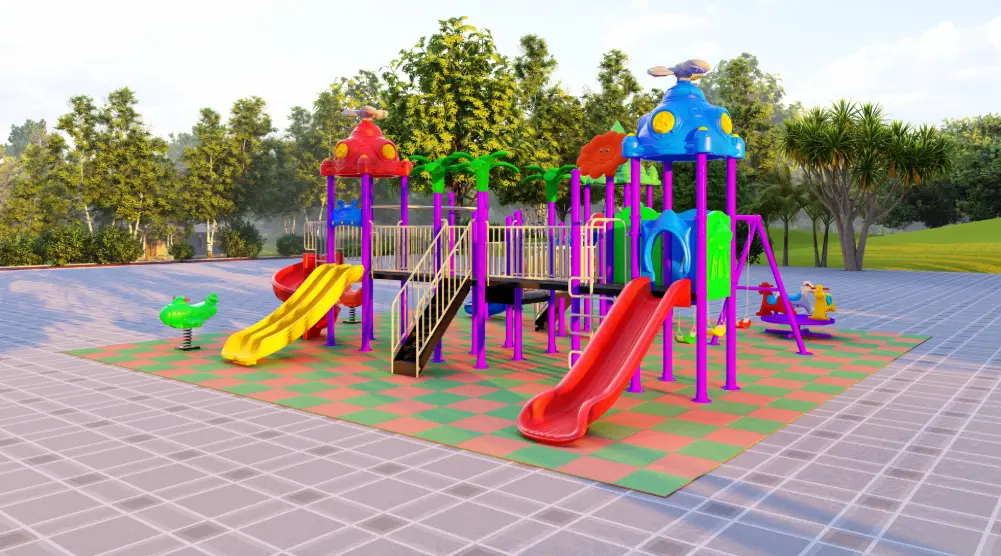 High-angle view of a 10 × 10 m playground with multiple slides, connected towers, seesaw and spring riders.