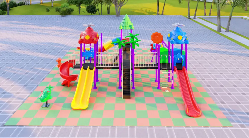 Elevated view of a public park playground with three connected towers, straight slides, double slides and climbing access.