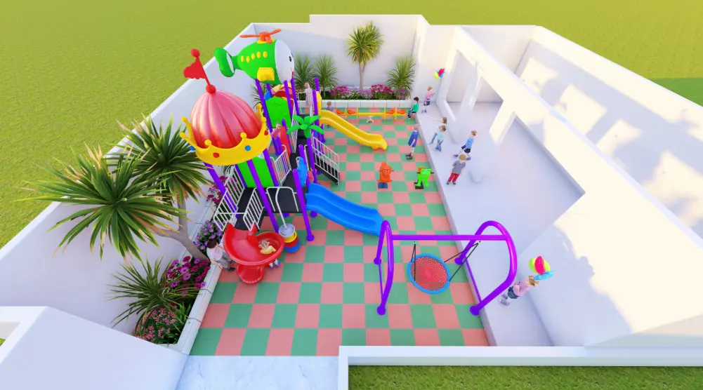 Aerial view of a 10 × 6 m residential outdoor playground with slides, swings and rubber flooring