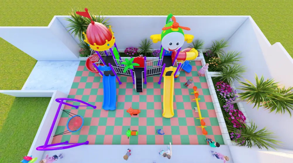 Elevated front view of residential playground with two play towers, slides and basket swing