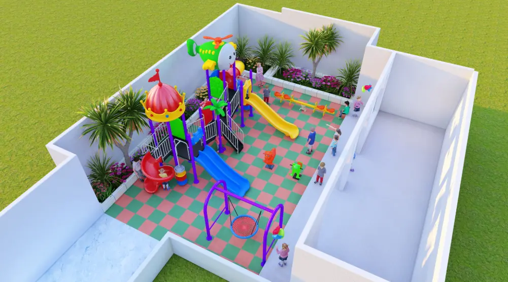 Wide aerial view of rectangular 10 × 6 m residential playground and landscaped play area