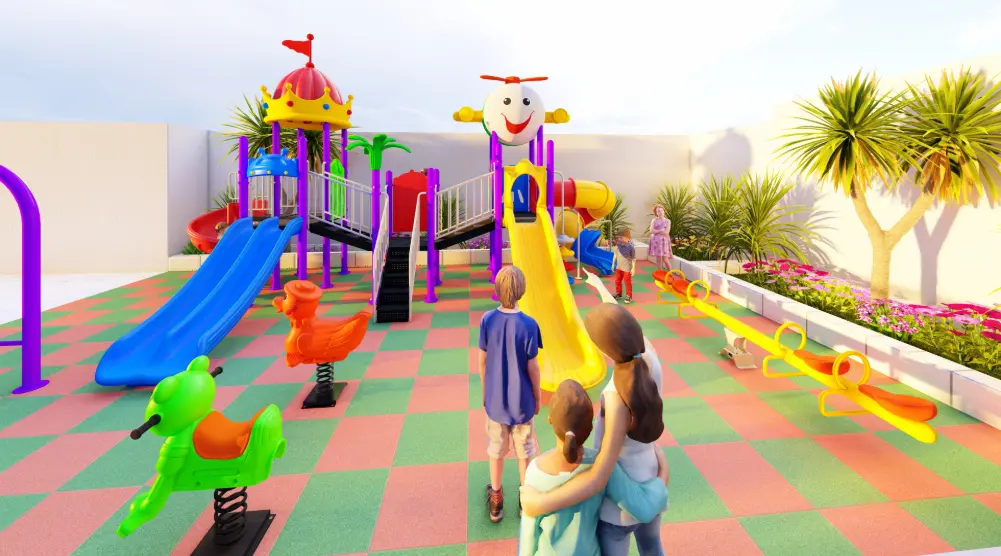 Family viewing colorful residential playground with slides, seesaws and themed play towers
