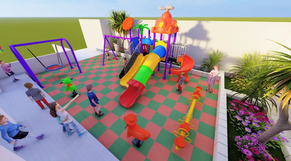 Rear aerial view of residential playground with tunnel slide, swings, seesaws and rubber flooring
