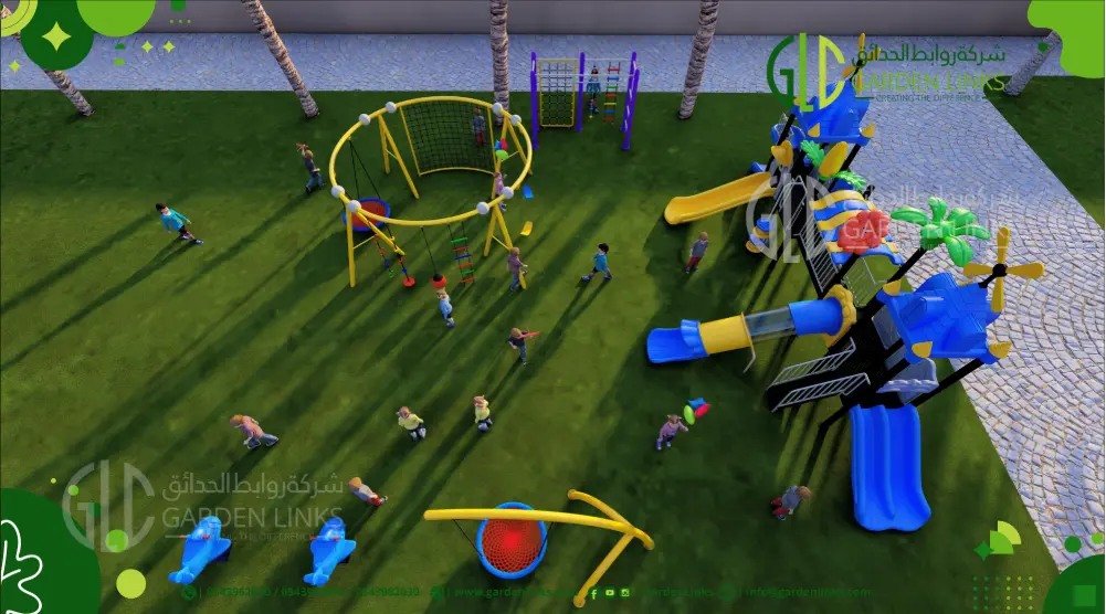 Aerial 3D playground layout featuring multiple slides, a circular climbing structure, basket swings and spring riders