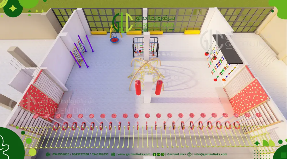 Complete overhead view of a 3D indoor climbing area with rope climbing frames, hanging rings, overhead bars, punching bags and climbing walls