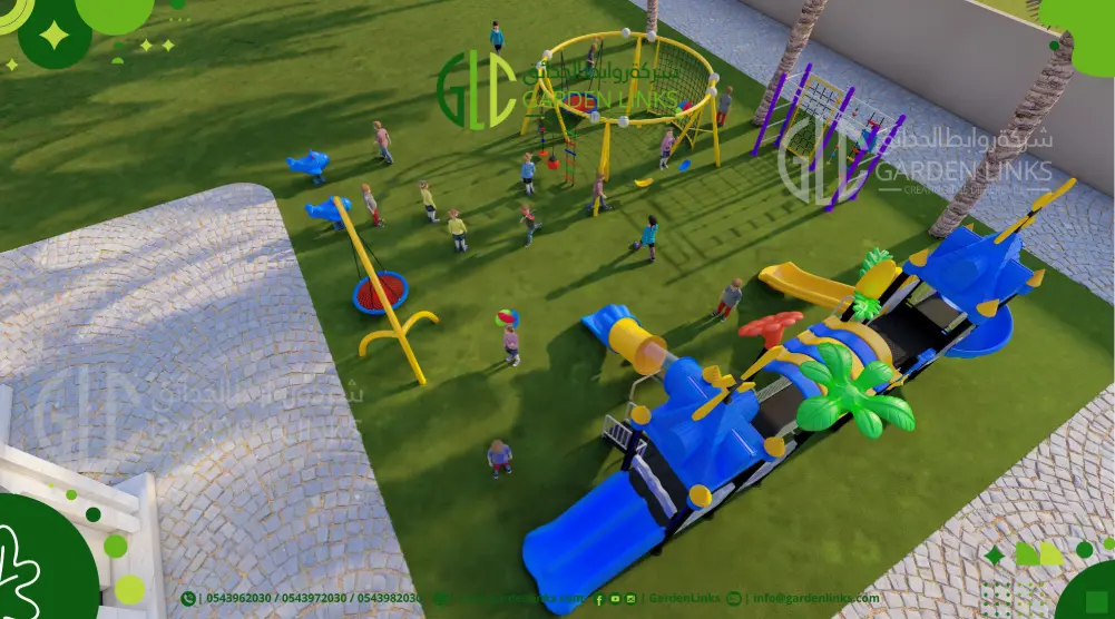 Angled aerial view of a 14 × 13 m playground design with slides, climbing frames, swings and open activity space