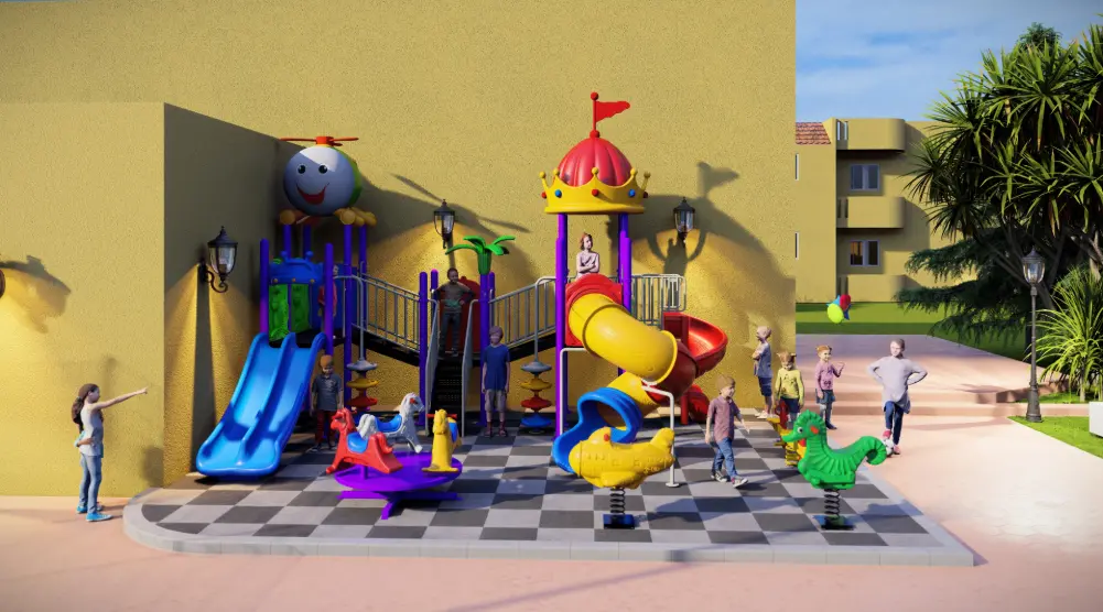 Front view of a 7 × 5 m residential playground with themed towers, slides and rubber flooring