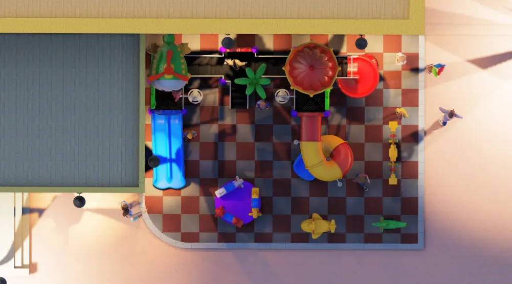 Overhead playground layout with two themed towers, slides, seesaw and rubber flooring