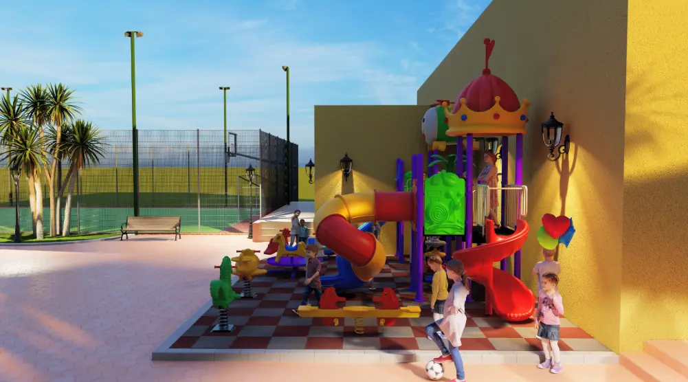 Side perspective of compact playground with spiral slide, spring riders and rubber flooring