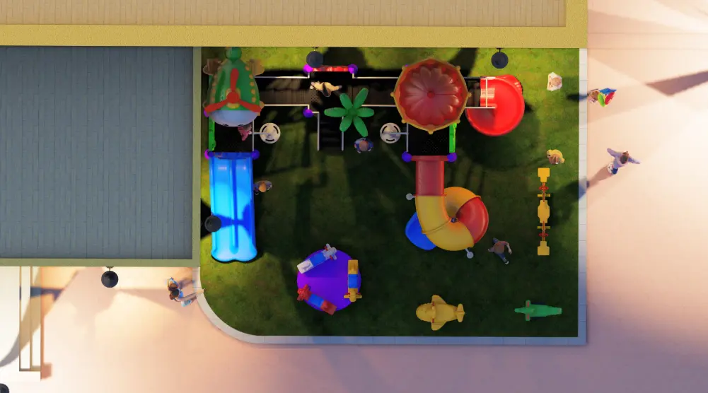 Top view of 7 × 5 m residential playground with artificial grass and colorful play equipment