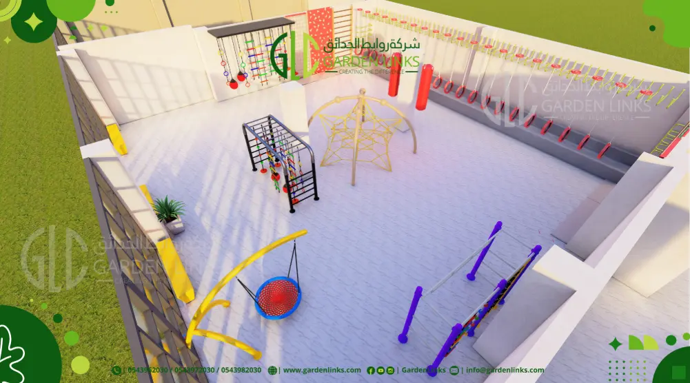 Aerial view of an indoor climbing playground featuring a rope pyramid, obstacle frame, basket swing and wall-mounted climbing equipment