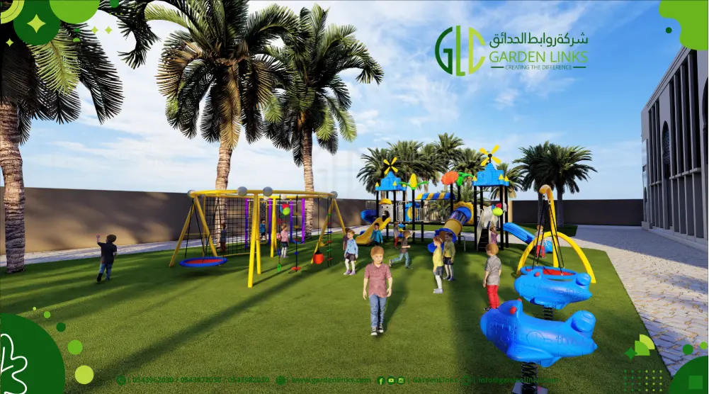 Complete 3D outdoor playground design with multi-play structures, climbing equipment, swings and spring riders