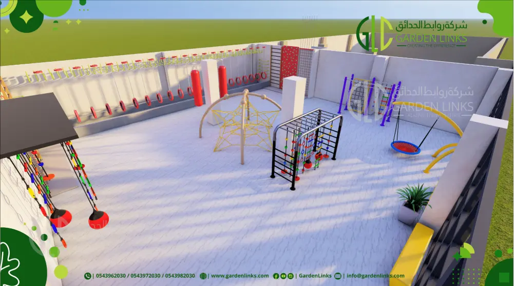 3D indoor climbing playground with a central rope pyramid, metal obstacle frame, wall climbing stations, hanging rings and basket swing
