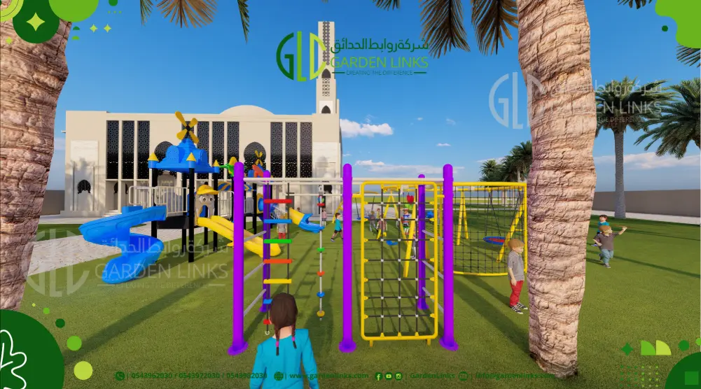 3D playground climbing area with rope nets, overhead activities, play towers and children’s slides