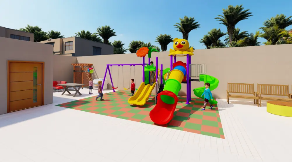 Angled view of a home playground with an enclosed tube slide, double slide, spiral slide, play towers and swings.