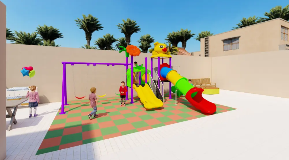 Side view of a compact outdoor playground with double slides, tube slide, spiral slide and a three-seat swing set.