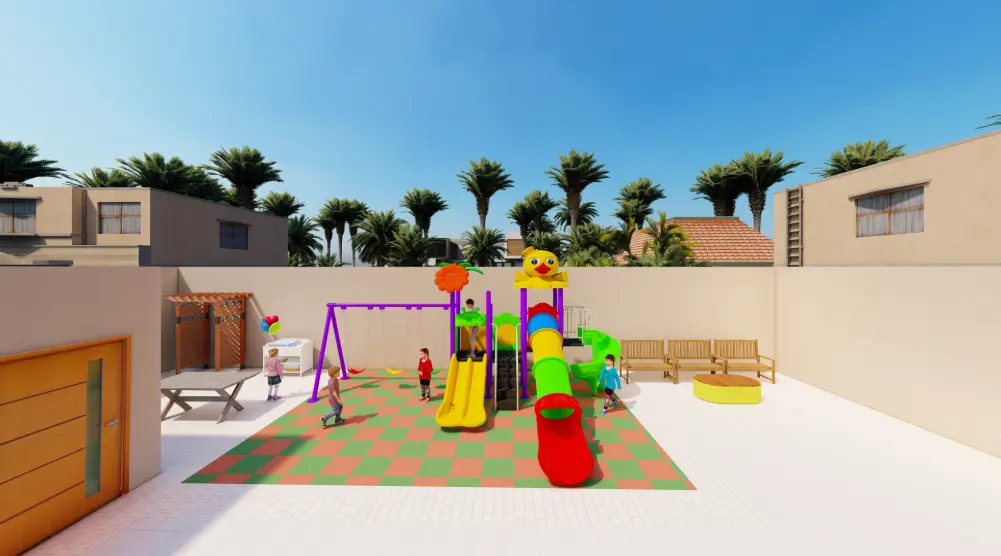 3D home outdoor playground design by Garden Links with play towers, multiple slides, swings and colorful safety flooring in a 5 × 7 m courtyard.