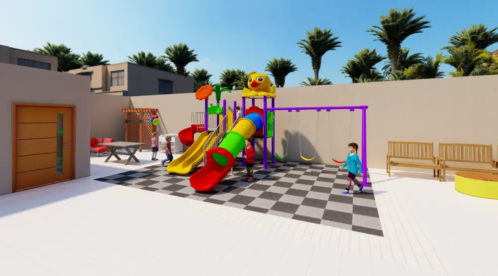 Angled view of a home playground with an enclosed tube slide, double slide, spiral slide, play towers and swings.