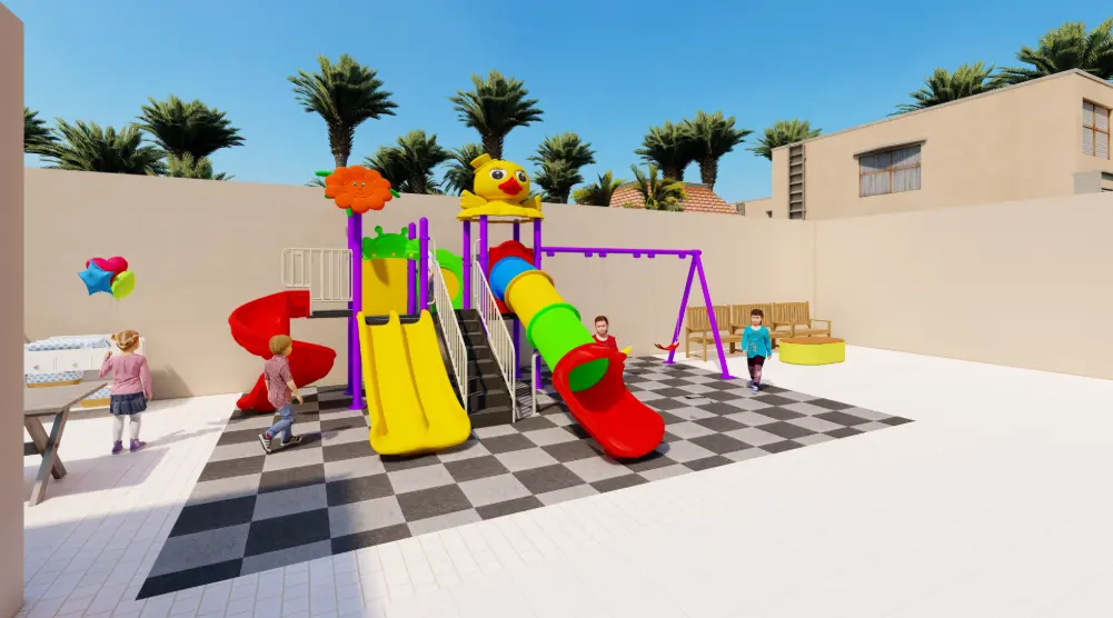 Side view of a compact outdoor playground with double slides, tube slide, spiral slide and a three-seat swing set.