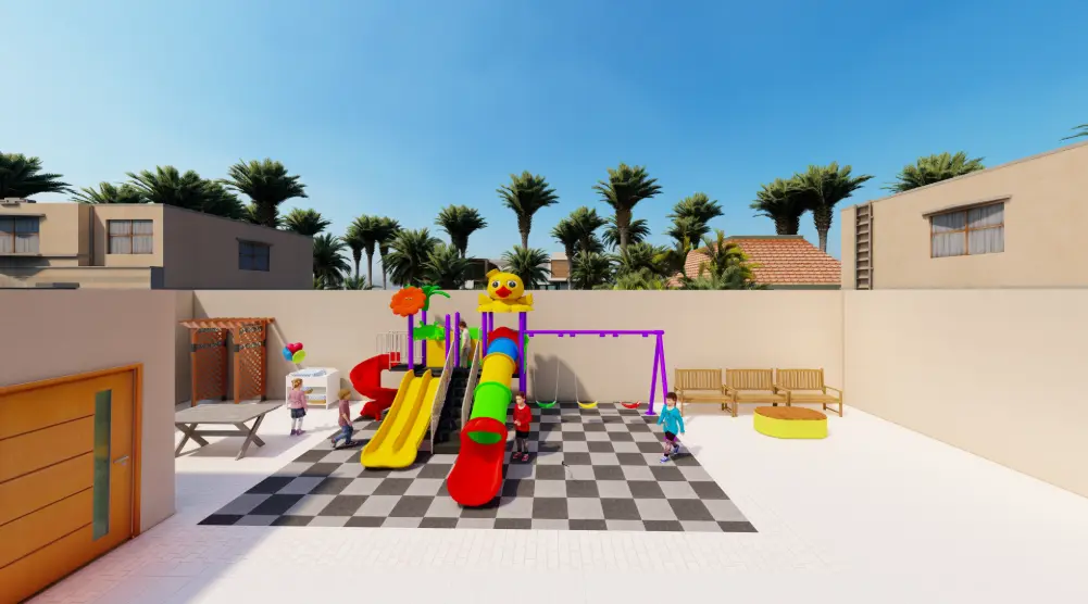 3D courtyard playground with colorful slides, three-seat swings and black-and-gray checkered safety flooring.