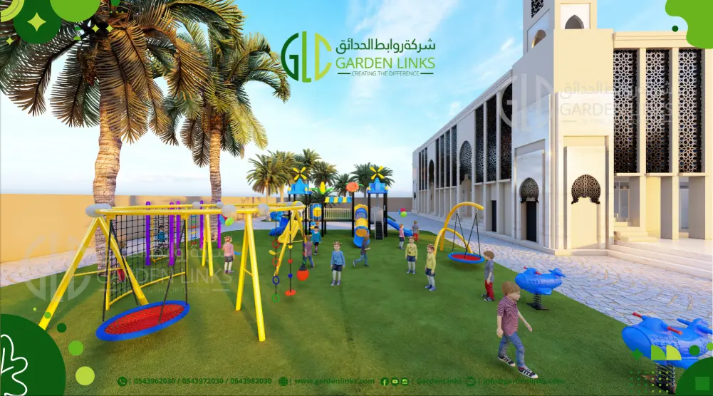 Wide view of a 3D playground design with basket swings, climbing frames, spring riders and multiple slides