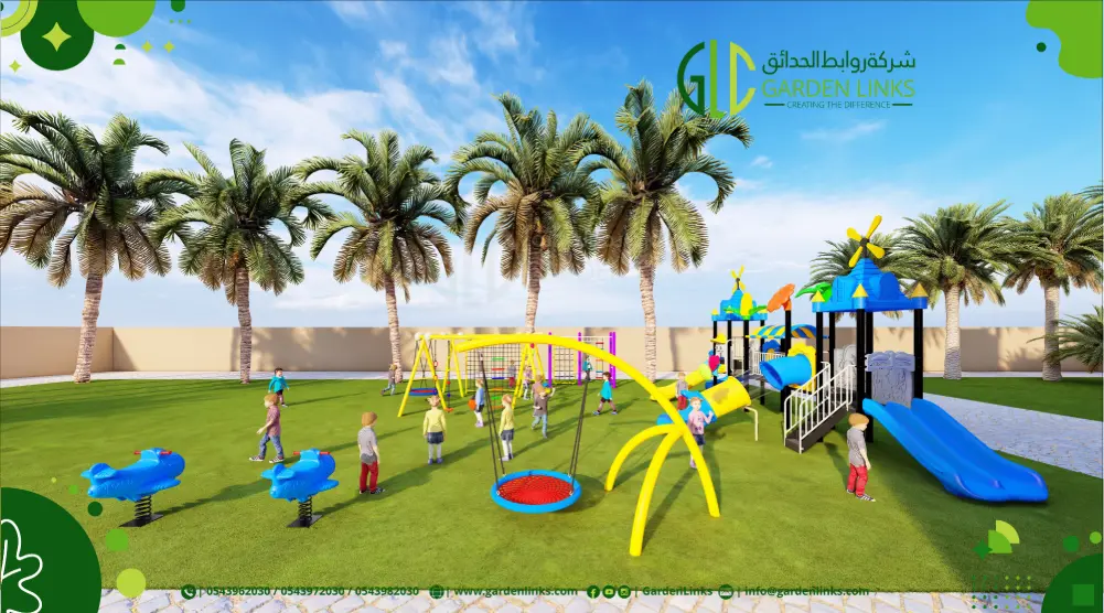 Outdoor 3D playground layout featuring slides, swings, climbing activities, spring riders and artificial grass