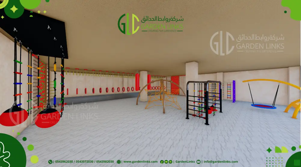 3D indoor playground with hanging climbing activities, rope pyramid, metal obstacle frame, wall-mounted equipment and basket swing