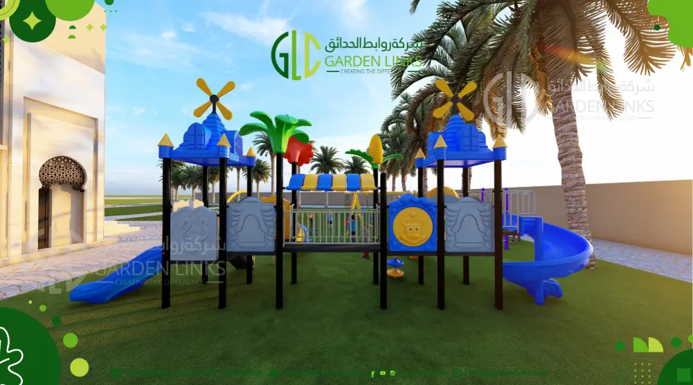 Rear view of a 3D multi-play playground design with elevated platforms, decorative panels and spiral slides