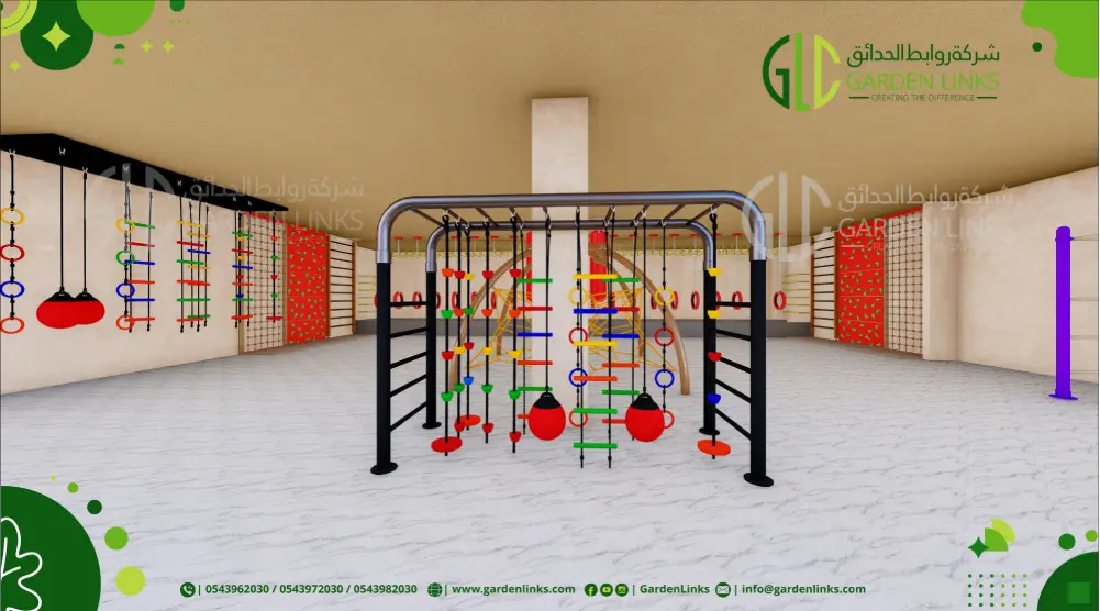 Multi-activity metal climbing frame with rope ladders, hanging rings, stepping obstacles, punching balls and overhead bars