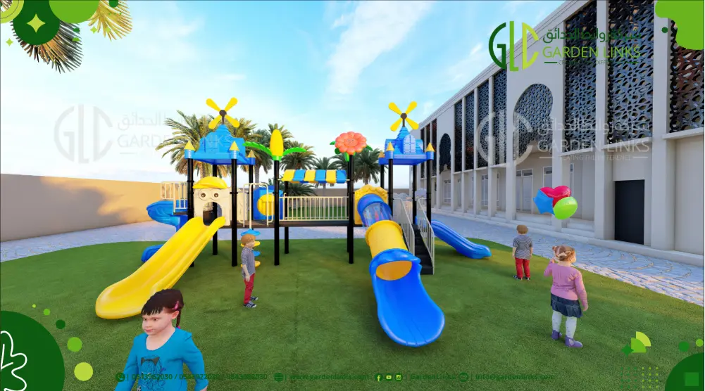 Front view of a 14 × 13 m 3D playground design with connected play towers, tube slides and open slides