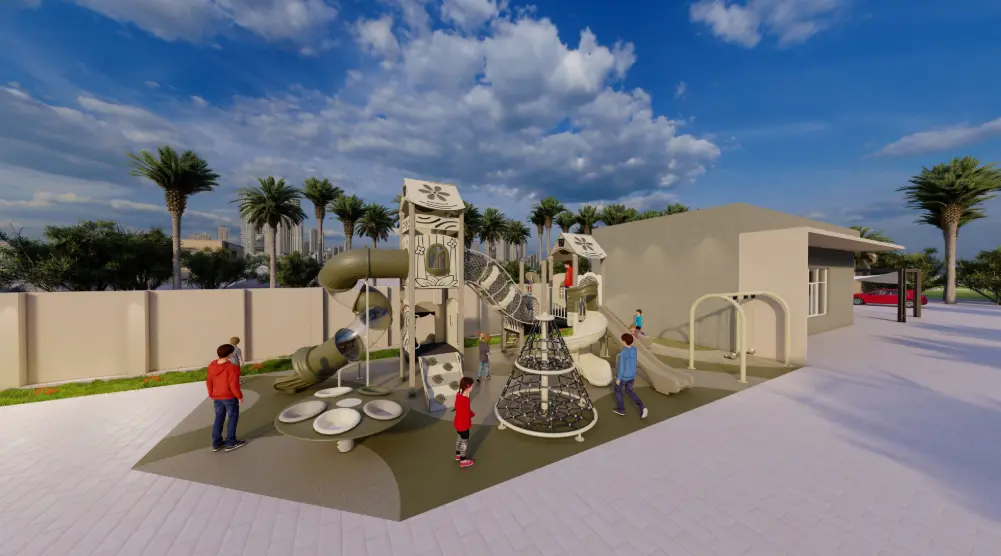 3D residential outdoor playground design by Garden Links with play towers, slides, rope climbing equipment and swings in a 14 × 7 m space.