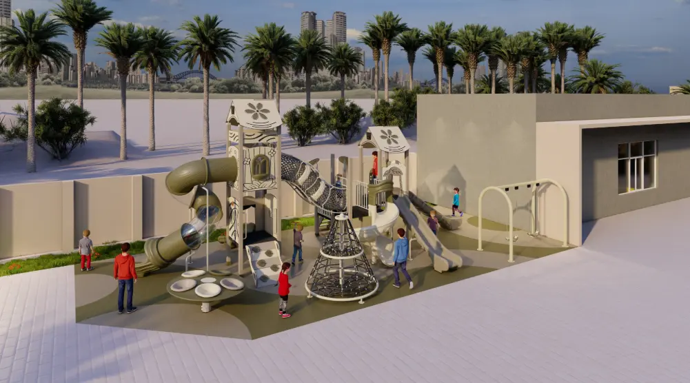 3D residential outdoor playground with a tube slide, rope tunnel, climbing net, straight slides and swings.