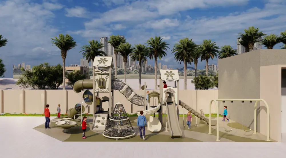 Front elevation of a 3D residential outdoor playground with towers, slides, climbing structures and three-seat swings.