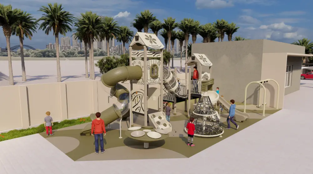 Side view of a 3D residential outdoor playground with a tube slide, elevated towers, rope bridge and climbing equipment.