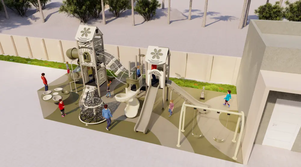 Elevated view of a 3D residential outdoor playground with play towers, slides, climbing nets and swings on safety flooring.