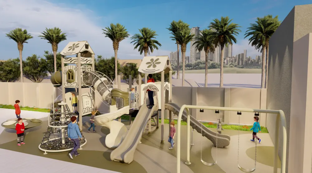 Close view of a 3D residential outdoor playground with straight slides, rope bridge, climbing cone and three-seat swings.