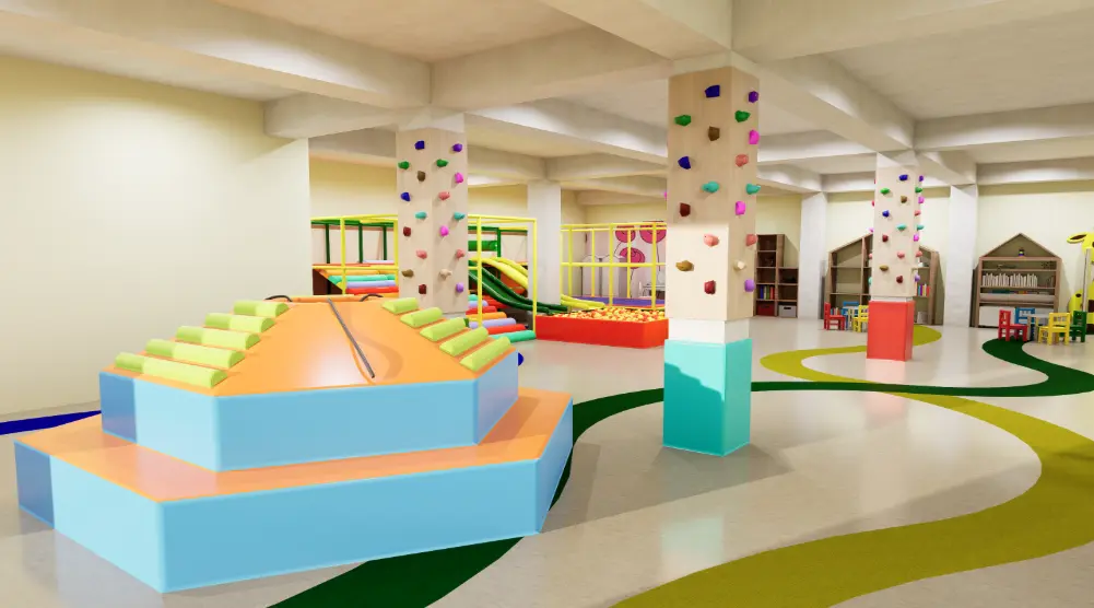 3D indoor playground with a raised balance activity, colorful climbing holds on columns, soft-play equipment and winding floor pathways